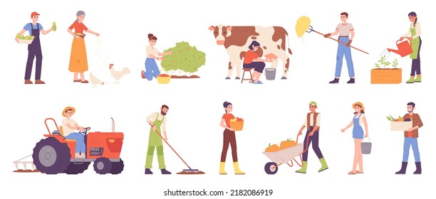 Farm job characters. Farmer domestication rural animals, man in agriculture worker uniform with bucket or basket, agronomist garden work farming job, garish vector illustration of rural character