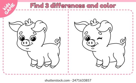 Farm kids game Find 3 differences with small pig. Cartoon piggy. Spot the differences. Educational activity book with piglet. Worksheet for children. Vector outline illustration of the farm animal.