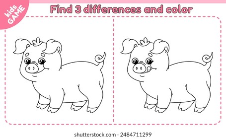 Farm Kinder Spiel Finde 3 Unterschiede mit Cartoon Big Pig. Süße rosa Nutztiere. Erkennen Sie die Unterschiede. In: Educational Activity Book. Arbeitsblatt für Bildungskinder. Gliederungsanzeige der Vektorgrafik.