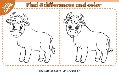 Juego de niños de granja Encuentra 3 diferencias con el toro grande. Detecta las diferencias. Linda caja de dibujos animados. Rompecabezas educativo para niños en edad preescolar y escolar. Ilustración del contorno del Vector del animal de granja lindo.