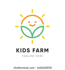 Farm for kids logo design with sun, smiley face and leaf in linear style