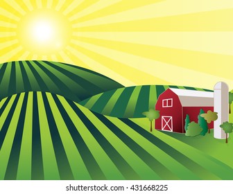 Farm Land Illustration Of Rolling Green Fields With Red Barn