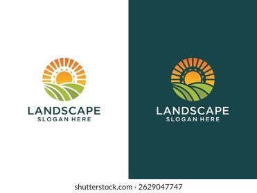 Farm land landscape logo. Farm food badge vector design logo. Green farmland landscape logo with sun shining	