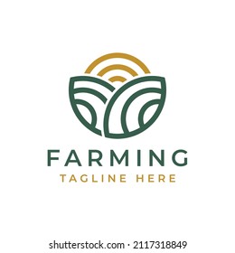 farm land with sun in line art style vector logo design
