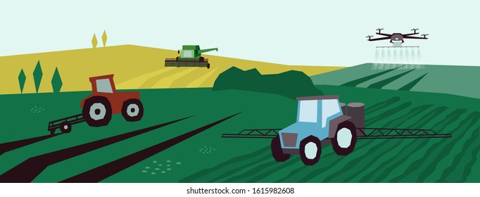 Farm landscape with agri machinery. Irrigation system, tractor, combine harvester and drone on agricultural fields. Vector illustration of smart farming, industry, innovation technology in agriculture