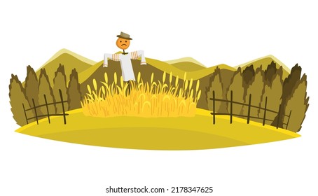 Farm landscape. Agriculture field, rural nature scene. Ruralfield panorama with stuffed to scare away birds