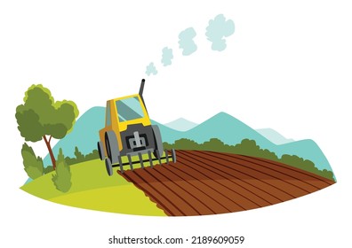 Farm landscape. Agriculture field, rural nature scene. Ruralfield panorama with working tractor