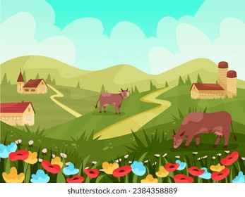 Farm landscape. Agriculture rural land with cow. Village houses. Countryside fields. Farming animals graze in meadow. Summer nature scenery. Hills panorama. Livestock ranch. Vector garish background