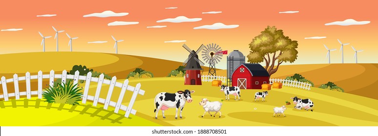 Farm landscape with animal farm in field and red barn in autumn season illustration