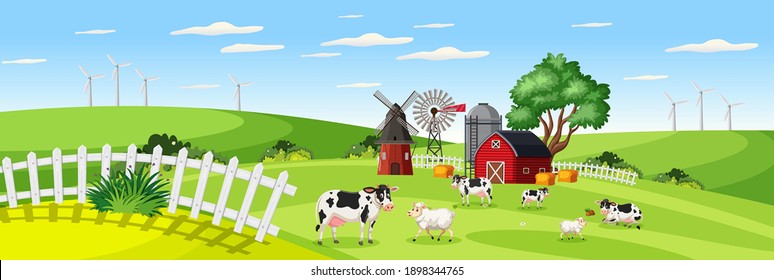 Farm landscape with animal farm in field and red barn in summer season illustration