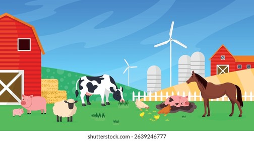 Farm landscape with animals. Cow, pigs, horse, sheep, chickens. Farm animals. Agricultural products.
