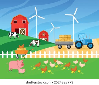 Farm landscape with farm animals, tractor and wind turbines. Farming and agriculture concept.