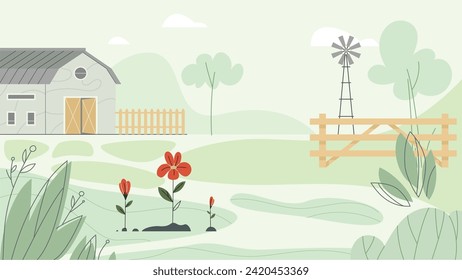 Farm landscape background with barn and flower bed. Vector illustration of fence, shrubs, and windmill. Agriculture backdrop in pastel colors.