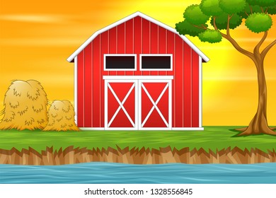 Farm landscape background with red barn