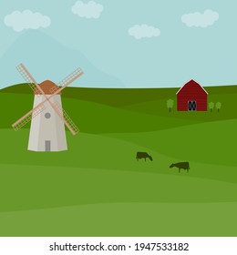 Paisaje agrícola con granero, vacas y molino de viento. Pradera de área rural