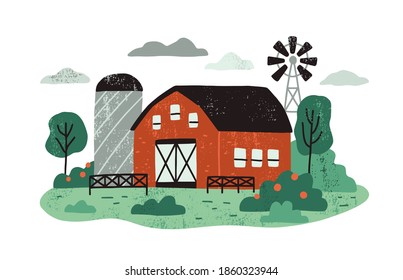 Farm landscape with barn or hangar, windmill, silage tower, green garden and lawn. Farmland in summer. Organic farming concept. Flat textured vector illustration isolated on white background