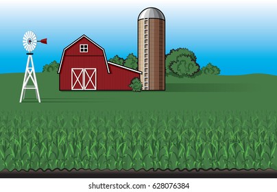 Farm Landscape with Barn Vector Illustration