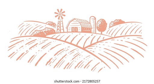 Farm Landscape with Barn. Vector village