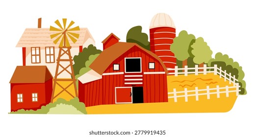 Farm landscape with barn, windmill, horse paddock, houses, trees. Farm building, farmyard. Vector illustration.