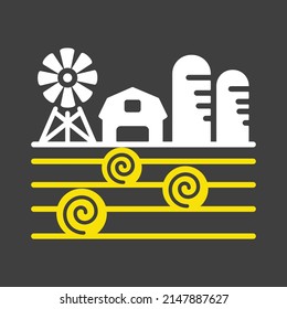 Farm landscape with barn, windpump, haystack and granary glyph icon. Agriculture sign. Graph symbol for your web site design, logo, app, UI. Vector illustration, EPS10.