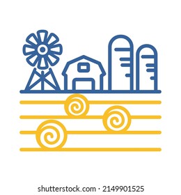 Paisaje agrícola con granero, bomba de viento, pajar e ícono de grano. Señal de agricultura. Símbolo gráfico para el diseño del sitio web, logotipo, aplicación, interfaz de usuario. Ilustración del vector, EPS10.