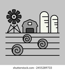 Farm landscape with barn, windpump, haystack and granary icon. Agriculture sign. Graph symbol for your web site design, logo, app, UI. Vector illustration, EPS10.