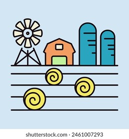 Farm landscape with barn, windpump, haystack and granary icon. Agriculture sign. Graph symbol for your web site design, logo, app, UI. Vector illustration, EPS10.