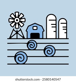 Farm landscape with barn, windpump, haystack and granary isolated icon. Agriculture sign. Graph symbol for your web site design, logo, app, UI. Vector illustration, EPS10.