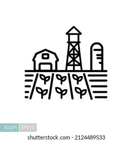 Farm landscape with barn, windpump, seedling and water tower vector icon. Agriculture sign. Graph symbol for your web site design, logo, app, UI. Vector illustration, EPS10.