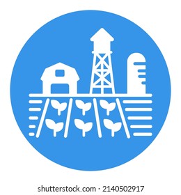 Farm landscape with barn, windpump, seedling and water tower glyph icon. Agriculture sign. Graph symbol for your web site design, logo, app, UI. Vector illustration, EPS10.