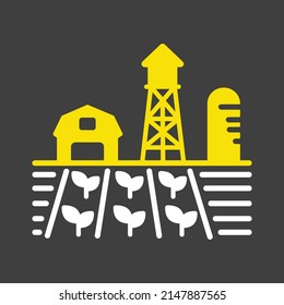 Farm landscape with barn, windpump, seedling and water tower vector glyph icon. Agriculture sign. Graph symbol for your web site design, logo, app, UI. Vector illustration, EPS10.