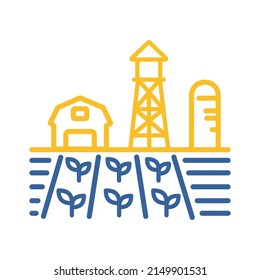 Paisaje agrícola con granero, bomba de viento, plántulas y torres de agua icono vector. Señal de agricultura. Símbolo gráfico para el diseño del sitio web, logotipo, aplicación, interfaz de usuario. Ilustración del vector, EPS10.