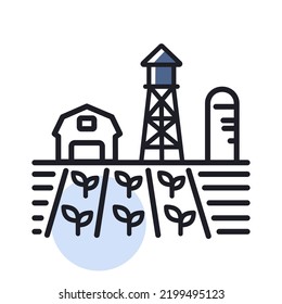 Farm landscape with barn, windpump, seedling and water tower vector isolated icon. Agriculture sign. Graph symbol for your web site design, logo, app, UI. Vector illustration, EPS10.