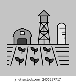 Farm landscape with barn, windpump, seedling and water tower vector icon. Agriculture sign. Graph symbol for your web site design, logo, app, UI. Vector illustration, EPS10.