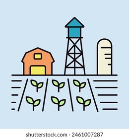 Farm landscape with barn, windpump, seedling and water tower vector icon. Agriculture sign. Graph symbol for your web site design, logo, app, UI. Vector illustration, EPS10.