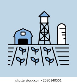 Farm landscape with barn, windpump, seedling and water tower vector isolated icon. Agriculture sign. Graph symbol for your web site design, logo, app, UI. Vector illustration, EPS10.