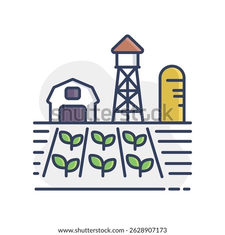 Farm landscape with barn, windpump, seedling and water tower vector isolated icon. Agriculture sign. Graph symbol for your web site design, logo, app, UI. Vector illustration, EPS10.