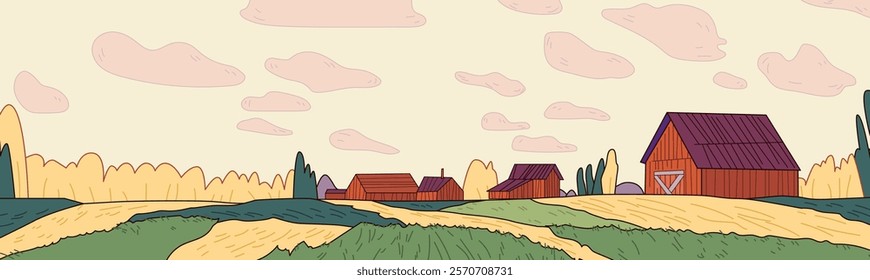 Farm landscape with barns and fields under a cloudy sky featuring green and yellow crops rustic scenery digital art