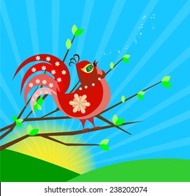 Farm landscape with beautiful morning rooster- Vector illustration