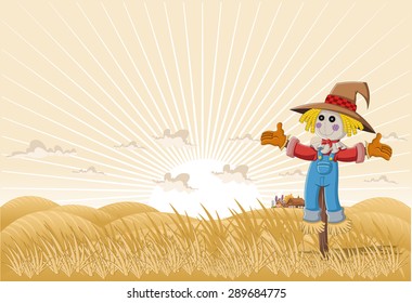 Farm landscape with cartoon scarecrow
