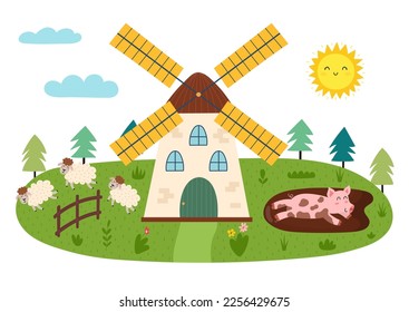 Farm landscape in cartoon style with windmill, pig and sheep. Summer green meadow print isolated on white. Outdoor garden background. Vector illustration