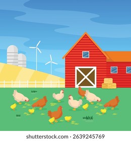 Farm landscape with chickens, barn and wheat field. Farm fields. Agribusiness.