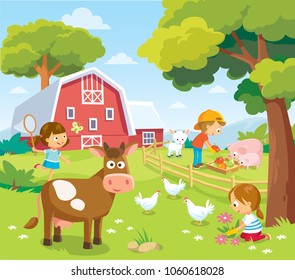 Farm landscape with children. Picture view with farm animals cow  pig chicken and barn. Summer holidays at the countryside.