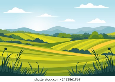 Farm landscape with colorful fields, meadows and mountains in the background. Natural landscape. Beautiful landscape vector illustration of mountains, forests, fields and meadows.