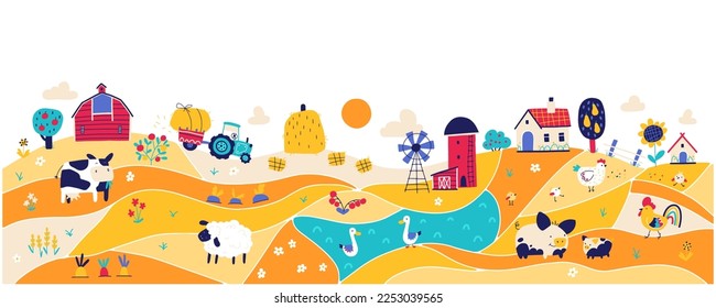 Farm landscape composition. Country house and barn with funny pets and birds. Trendy doodle style, bright limited palette on white background, perfect for print