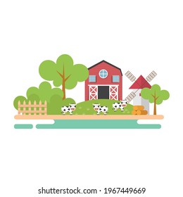 Farm landscape with cow, barn and green fields. Rural landscape. Vector illustration.