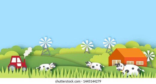 Farm landscape with cows  for banner, background . paper cut and craft style .