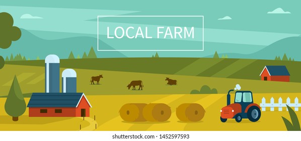 Farm landscape with cows and tractor. Flat style modern vector illustration.