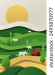 Farm landscape with cows and tractor. Rolling green hills yellow sun trees and plants in paper cut style. Rural scenery with agricultural elements. Paper cut style