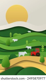 Farm landscape with cows and tractor. Rolling green hills yellow sun trees and plants in paper cut style. Rural scenery with agricultural elements. Paper cut style